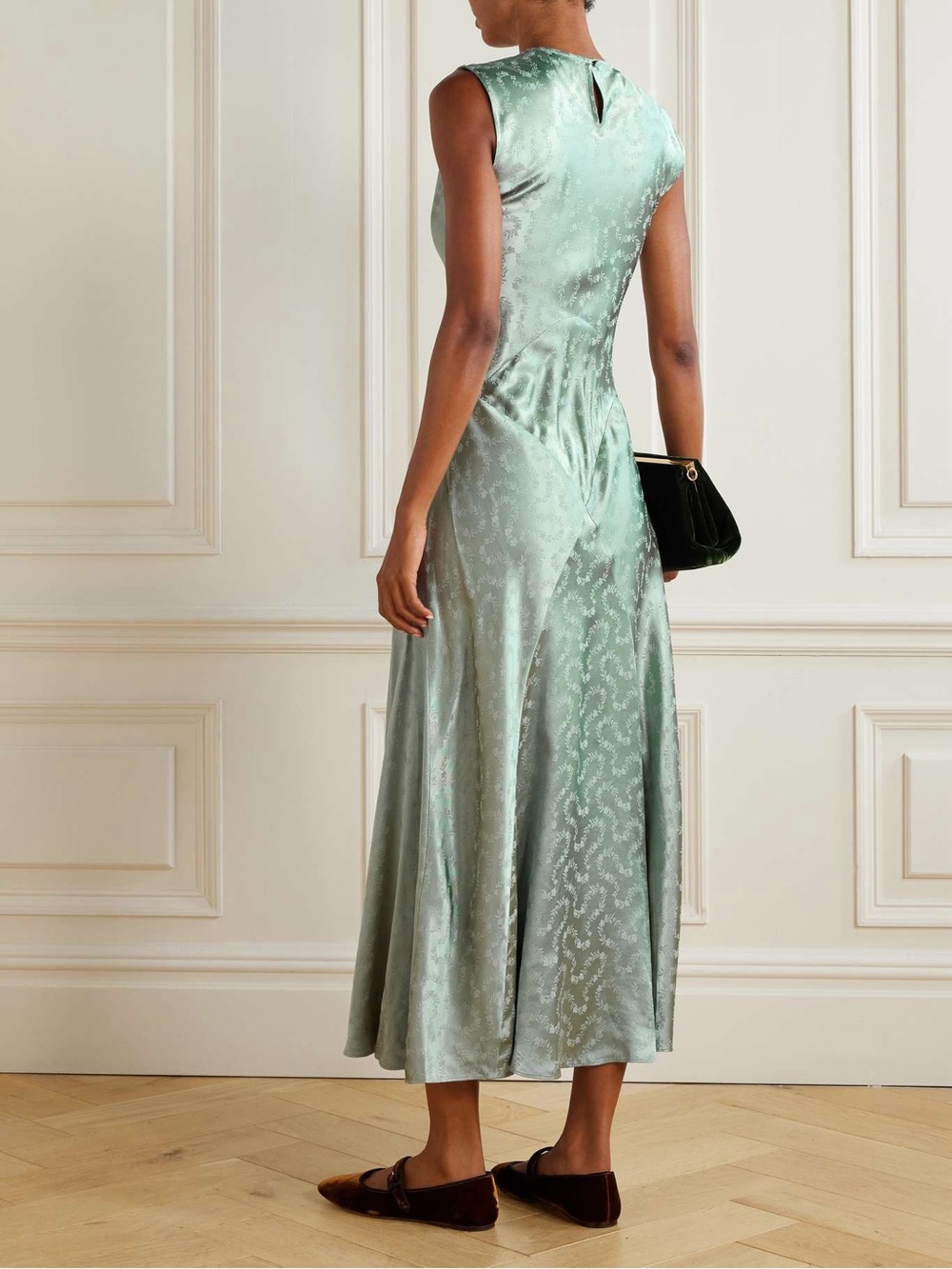 DOEN Ginette Paneled Floral Jacquard Satin Midi Dress Sz Medium Dusty Jade Green - Picture 2 of 13
